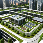 **Architectural Urban Planning Integration**: An architectural visualization that showcases a blend of modern buildings seamlessly integrated with sustainable green spaces in a bustling city. The design emphasizes energy efficiency, walkability, and community engagement, reflecting the latest trends in urban planning and sustainable architecture.