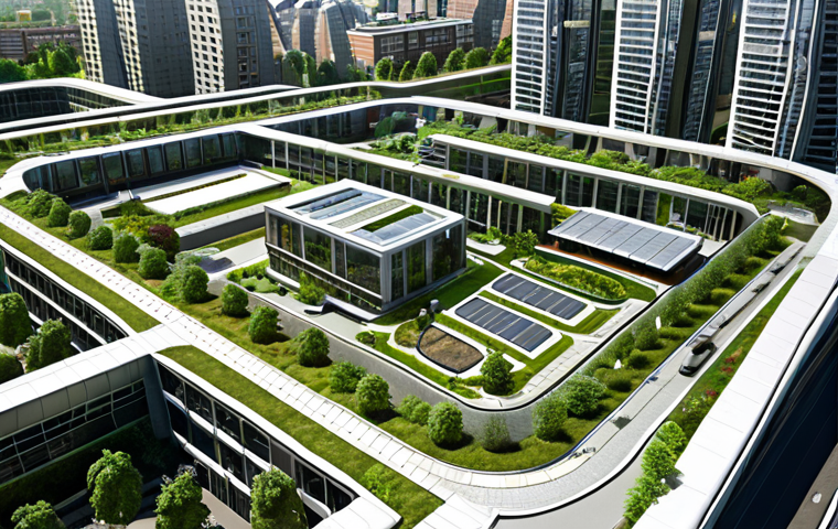 **Architectural Urban Planning Integration**: An architectural visualization that showcases a blend of modern buildings seamlessly integrated with sustainable green spaces in a bustling city. The design emphasizes energy efficiency, walkability, and community engagement, reflecting the latest trends in urban planning and sustainable architecture.