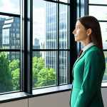 A professional female architect, fully clothed in a modest business suit, observing a holographic projection of a sustainable building design in a modern, sunlit office space. The office features large windows overlooking a futuristic cityscape with lush green spaces, incorporating biophilic design elements like indoor plants and natural light. She is in a natural pose, with perfect anatomy, correct proportions, well-formed hands, and proper finger count. The scene emphasizes architectural innovation, environmental responsibility, and human well-being. Professional photography, high quality, safe for work, appropriate content, family-friendly.
