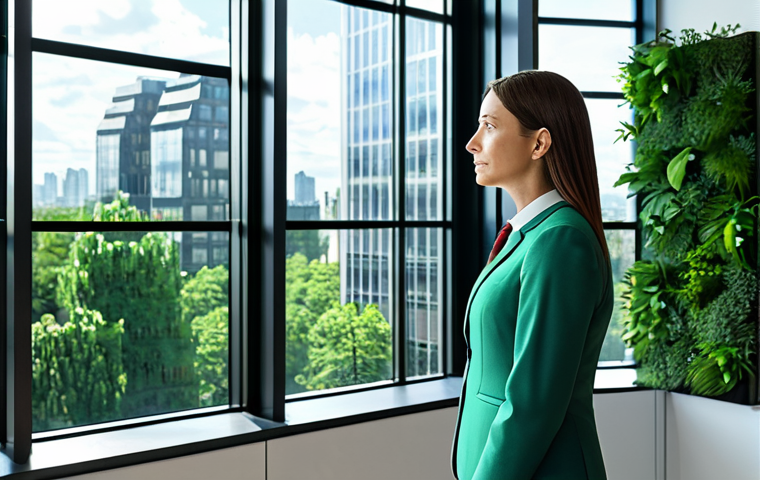 A professional female architect, fully clothed in a modest business suit, observing a holographic projection of a sustainable building design in a modern, sunlit office space. The office features large windows overlooking a futuristic cityscape with lush green spaces, incorporating biophilic design elements like indoor plants and natural light. She is in a natural pose, with perfect anatomy, correct proportions, well-formed hands, and proper finger count. The scene emphasizes architectural innovation, environmental responsibility, and human well-being. Professional photography, high quality, safe for work, appropriate content, family-friendly.