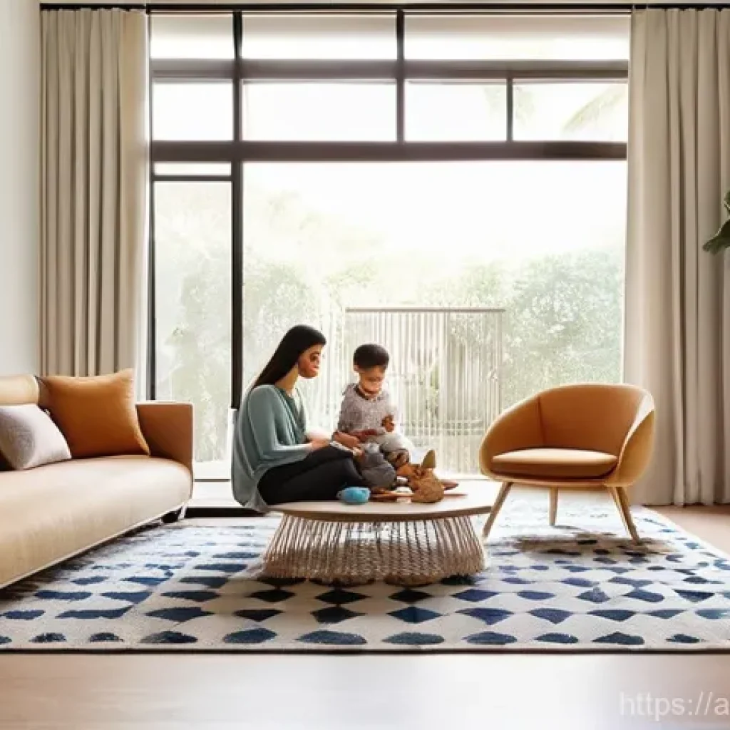 건축사와 스마트 빌딩 기술 - **Prompt:** A serene, modern living room bathed in soft, warm natural light filtering through large ...