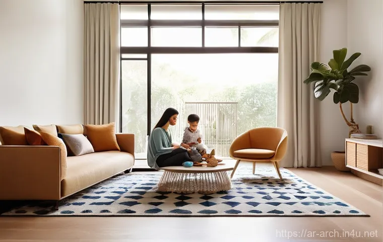 건축사와 스마트 빌딩 기술 - **Prompt:** A serene, modern living room bathed in soft, warm natural light filtering through large ...