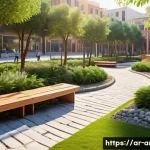 건축사와 지역 커뮤니티 프로젝트 - A vibrant urban community park in a Middle Eastern city, featuring lush green gardens with native pl...
