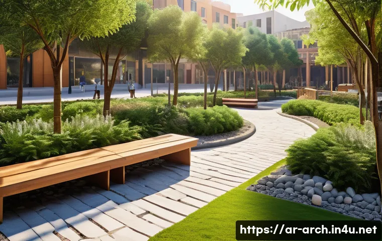 건축사와 지역 커뮤니티 프로젝트 - A vibrant urban community park in a Middle Eastern city, featuring lush green gardens with native pl...