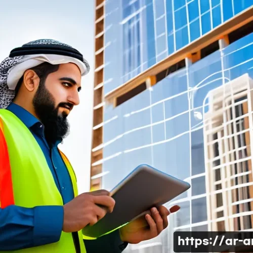 건축분야에서의 프리랜서 경력 - A detailed scene showing an Arab freelance construction professional analyzing local market dynamics...