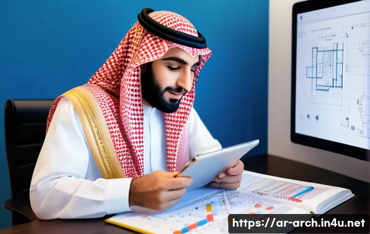 건축기사 시험 공부에 필요한 앱 추천 - A detailed digital illustration of an Arabic-speaking young adult male student studying construction...