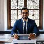 건축기사 자격증과 프리랜서 작업 - A professional Arab male architect in his early 30s, wearing modest business attire and glasses, sit...