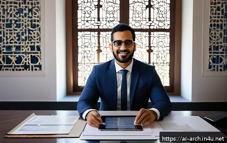 건축기사 자격증과 프리랜서 작업 - A professional Arab male architect in his early 30s, wearing modest business attire and glasses, sit...