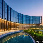 건축기사와 건설 생태계 분석 - A futuristic smart building exterior at sunset in a Middle Eastern urban setting, showcasing sleek g...
