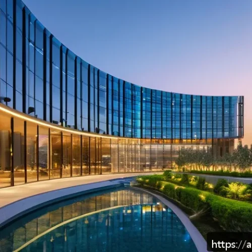 건축기사와 건설 생태계 분석 - A futuristic smart building exterior at sunset in a Middle Eastern urban setting, showcasing sleek g...