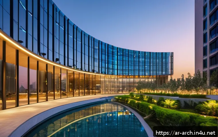 건축기사와 건설 생태계 분석 - A futuristic smart building exterior at sunset in a Middle Eastern urban setting, showcasing sleek g...