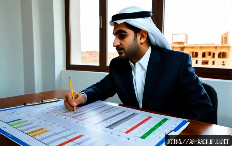 건축기사와 프로젝트 비용 관리 - Photorealistic Middle Eastern architectural engineer in modest professional attire reviewing a detai...