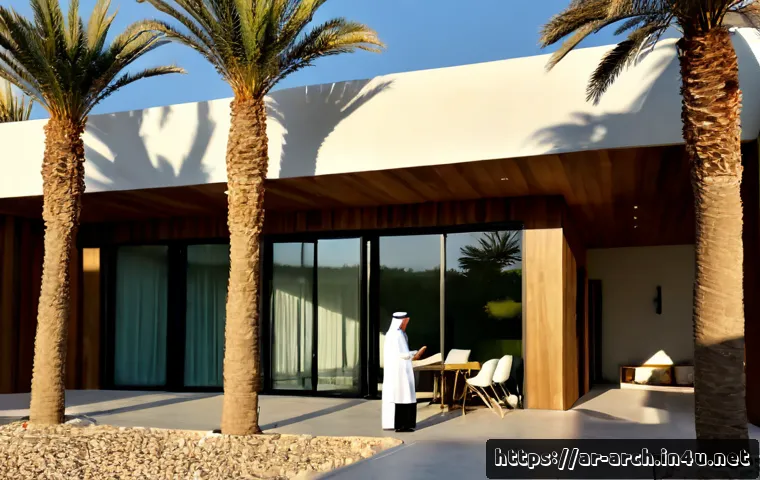 건축사와 모듈러 건축 사례 - Photorealistic architectural scene of a contemporary modular family home in a warm Arab Gulf neighbo...
