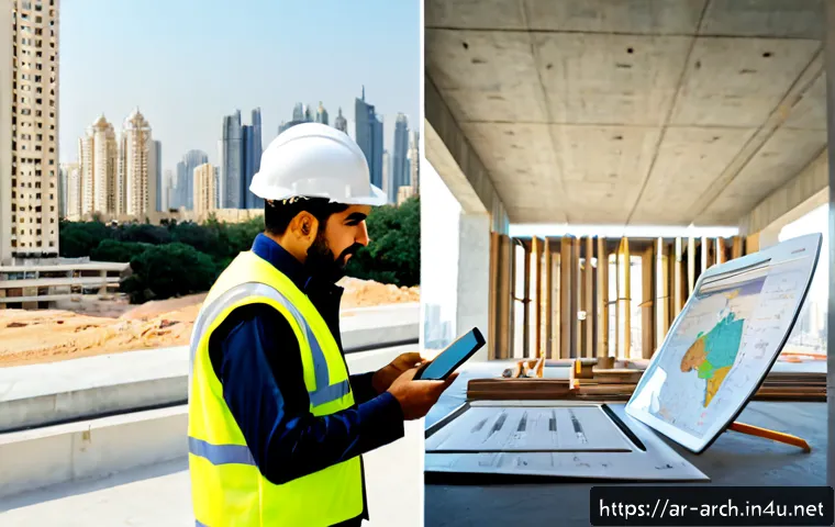 건축기사와 엔지니어링의 차이 - Photorealistic split-scene comparison, left side a Middle Eastern building construction engineer in ...