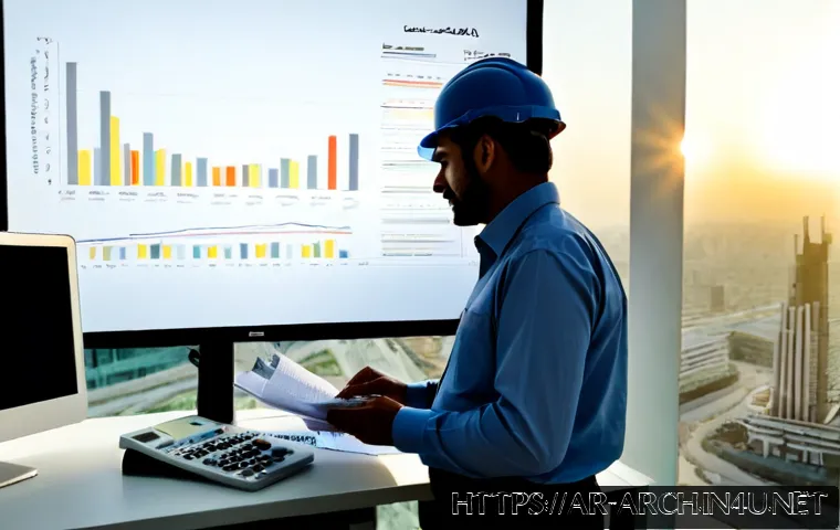 건축기사 연봉 데이터 분석 - Photorealistic Middle Eastern architectural engineer in modest professional attire analyzing salary ...